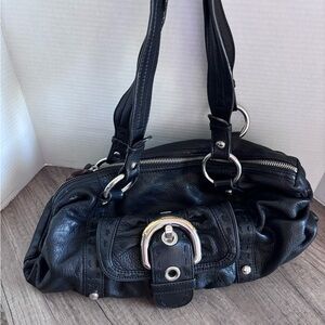 B Makowsky Black Leather Shoulder Bag with Silver Buckle